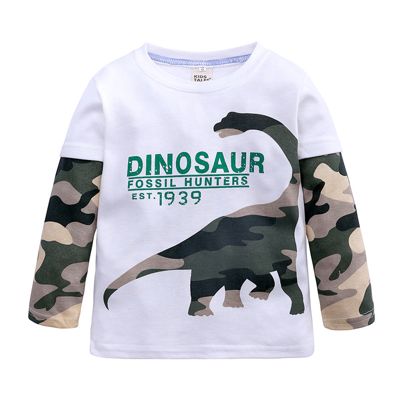 T-shirt bébé et enfant à manches longues imprimé dinosaure en coton
