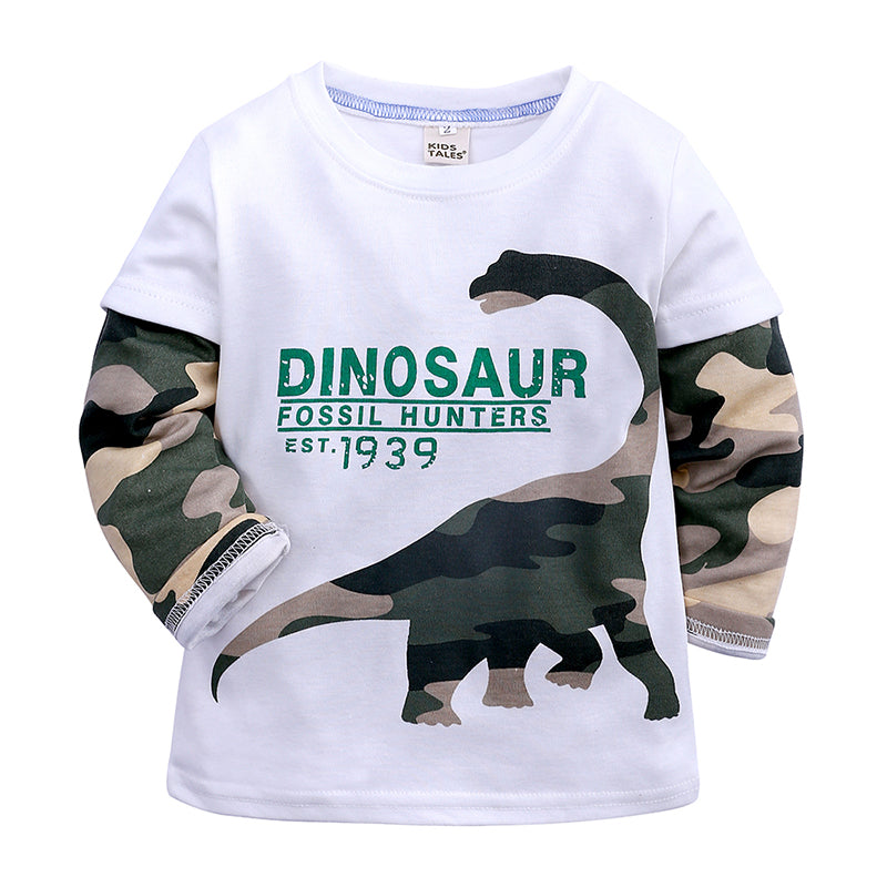 Cotton long-sleeved dinosaur print baby and kids T-shirt